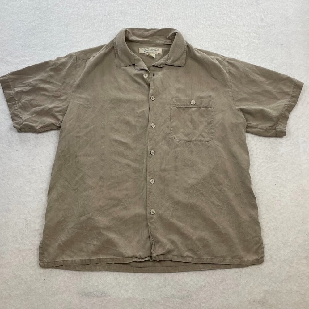 Island Republic Vintage Tan Silk Textured Floral Short Sleeve Hawaiian Shirt M